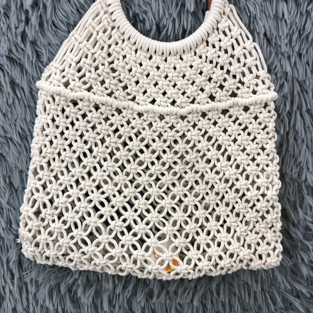 Crossi Purse Beige Boho Wood Double Handle Macrame Hand Bag
